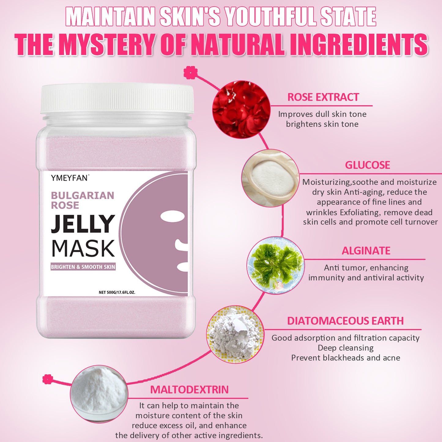 Jelly Mask for Facial Professional - Bulgarian Rose Brighten & Smooth Face Mask Skin Care, Hydrated Nourished Hydrojelly Mask Powder, Natural Gel Peel Off Mask for DIY Spa Salon Vajacial, 17.6Fl Oz